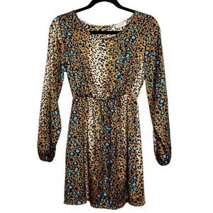 Susy Mix Long Sleeve Leopard Print Dress Brown and Teal Small